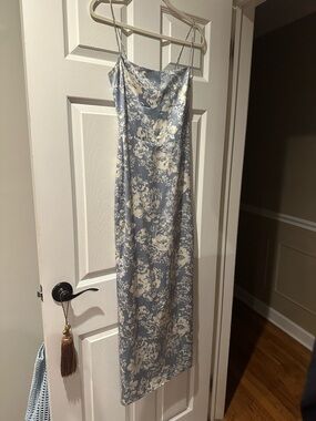 Reformation Frankie Silk Dress in Porcelain Blue White Floral Print